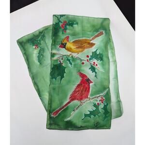 Hand Dyed And Painted Pure Silk Scarf Cardinal Winter Christmas 10x 57 Green